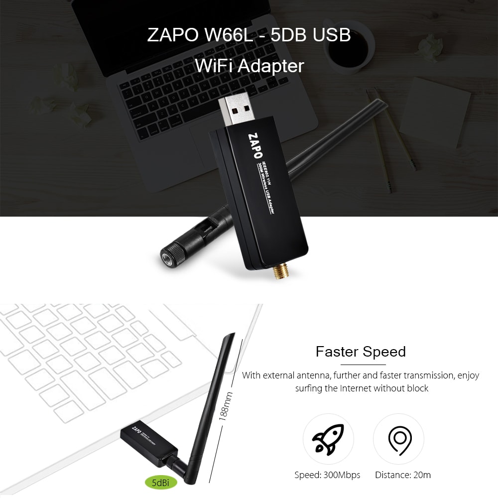 ZAPO W66L - 5DB USB WiFi Adapter 300M Portable Router 2.4GHz- Black