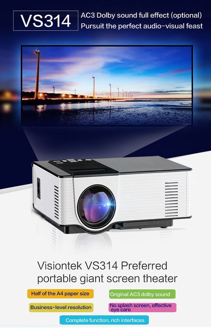 VS314 LED Projector 1500 Lumens 800 x 480 Pixels 1080P Media Player- White and Black US Plug