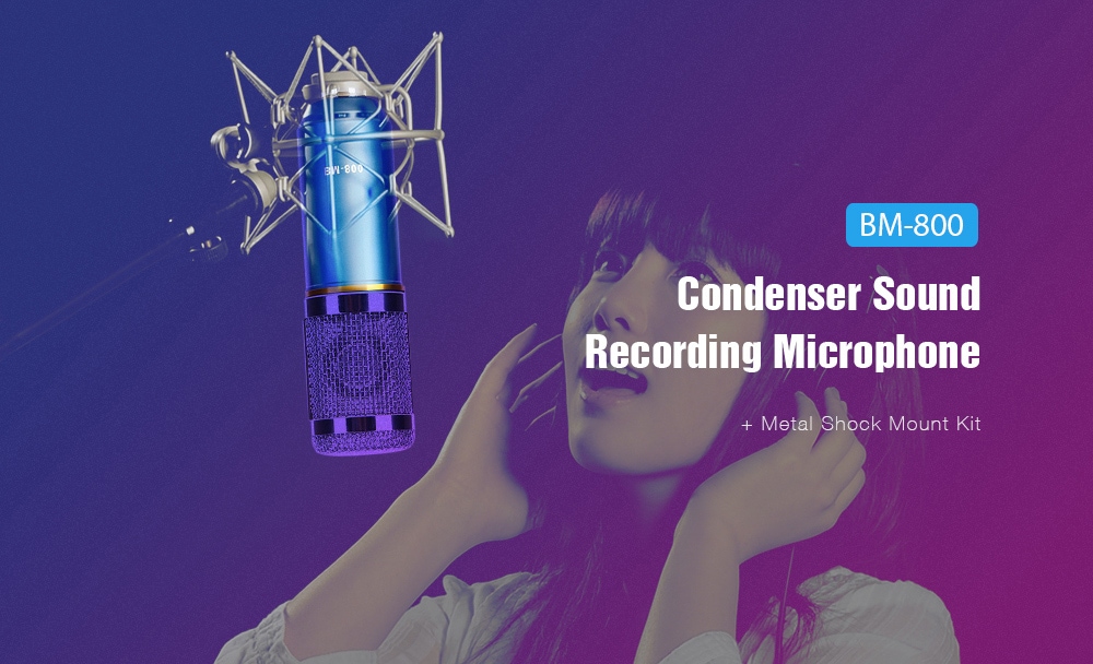 Condenser Sound Recording Microphone and Metal Shock Mount for Radio Broadcasting Studio - Black