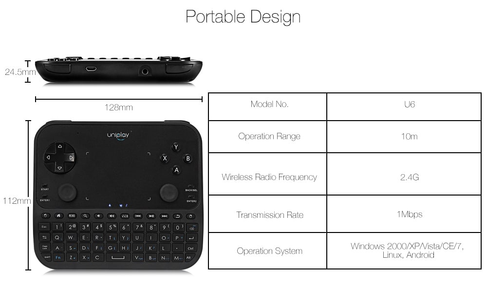 uniplay U6 Smart Gamepad Handle Remote Control Mouse Keyboard Six in One 2.4G- Black