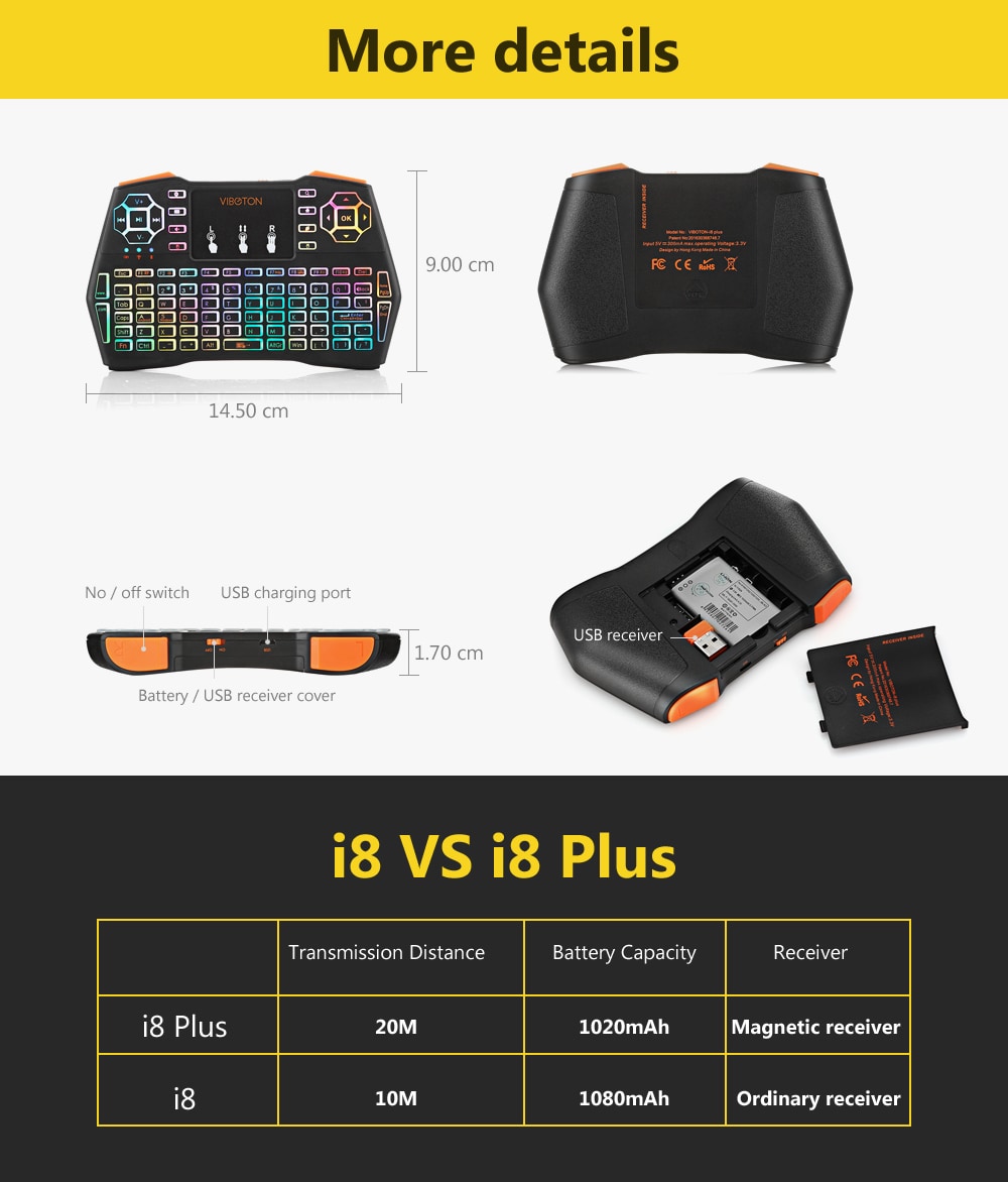 Viboton i8 Plus Mini Backlight Wireless Keyboard Portable Touchpad Mouse- Black
