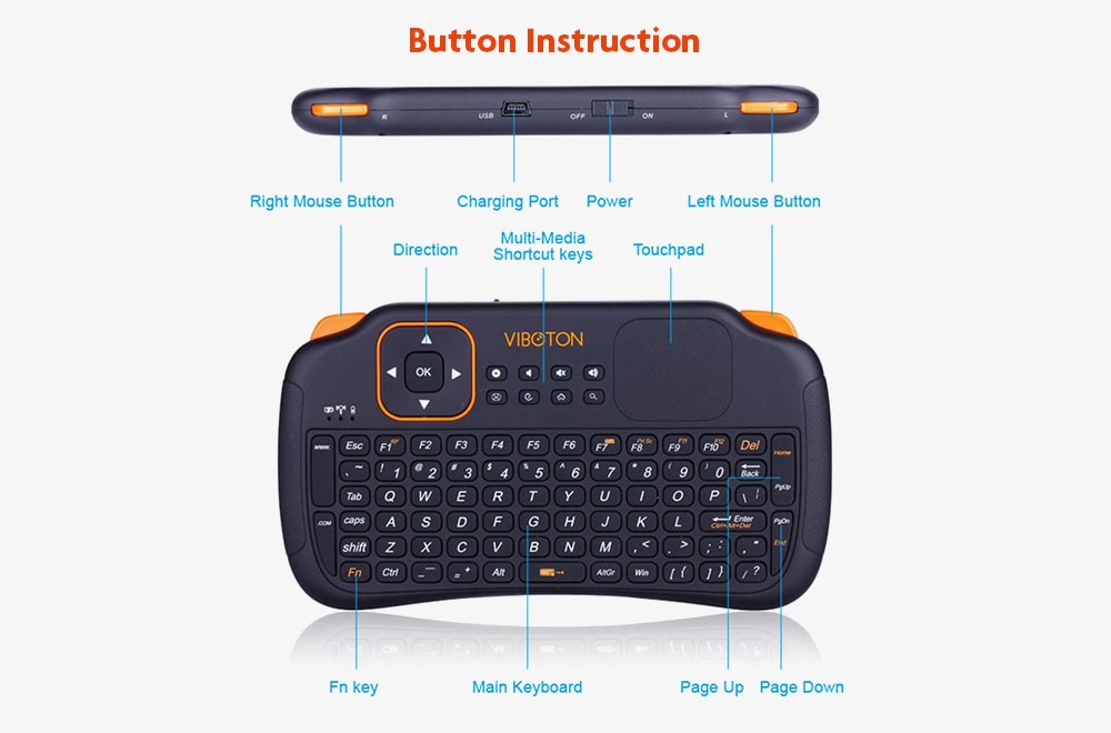 Viboton S1 3-in-1 Mini 2.4GHz Wireless Keyboard with Air Mouse / Remote Control / Touchpad Function for PC Android TV HTPC- Black