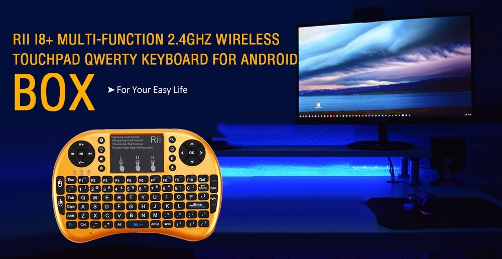 Rii i8+ Multi-function Mini 2.4GHz Wireless Touchpad Keyboard with Built-in Battery for Smart TV- Orange
