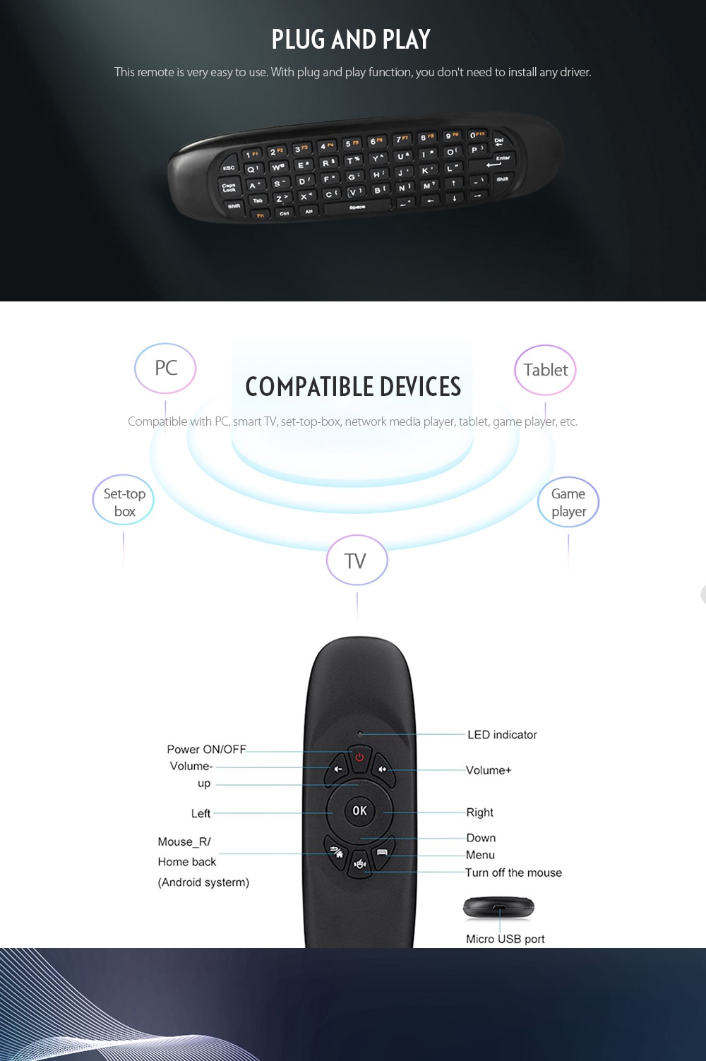 TK668 2.4GHz Wireless Air Mouse + Remote Controller + QWERTY Keyboard with LED Indicator- Black