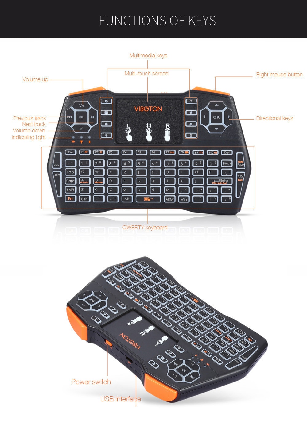 VIBOTON i8 Plus 2.4G Wireless Keyboard Fly Air Mouse Touchpad Backlight Version- Full Black German