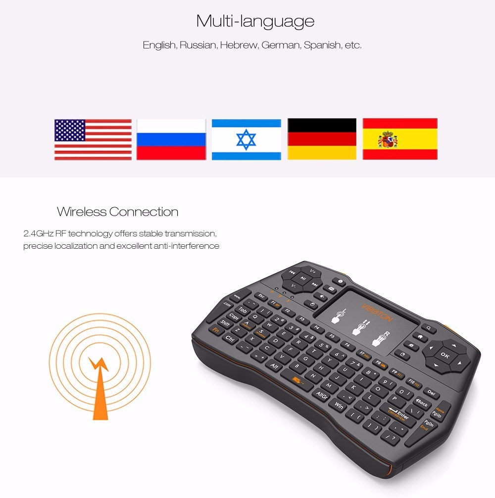 VIBOTON i8 Plus 2.4GHz Wireless Keyboard with Touchpad- Black RUSSIA