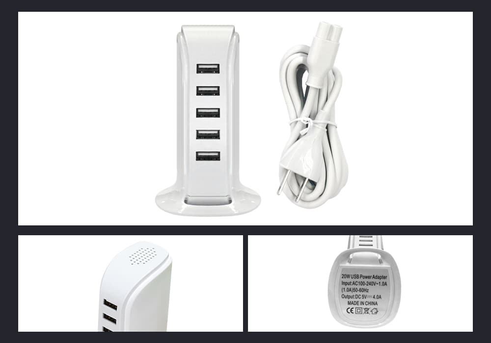 USB Charger Adapter Multi-port Charging Station 20W / AC 100 - 240V / 4A / 5 Ports- White