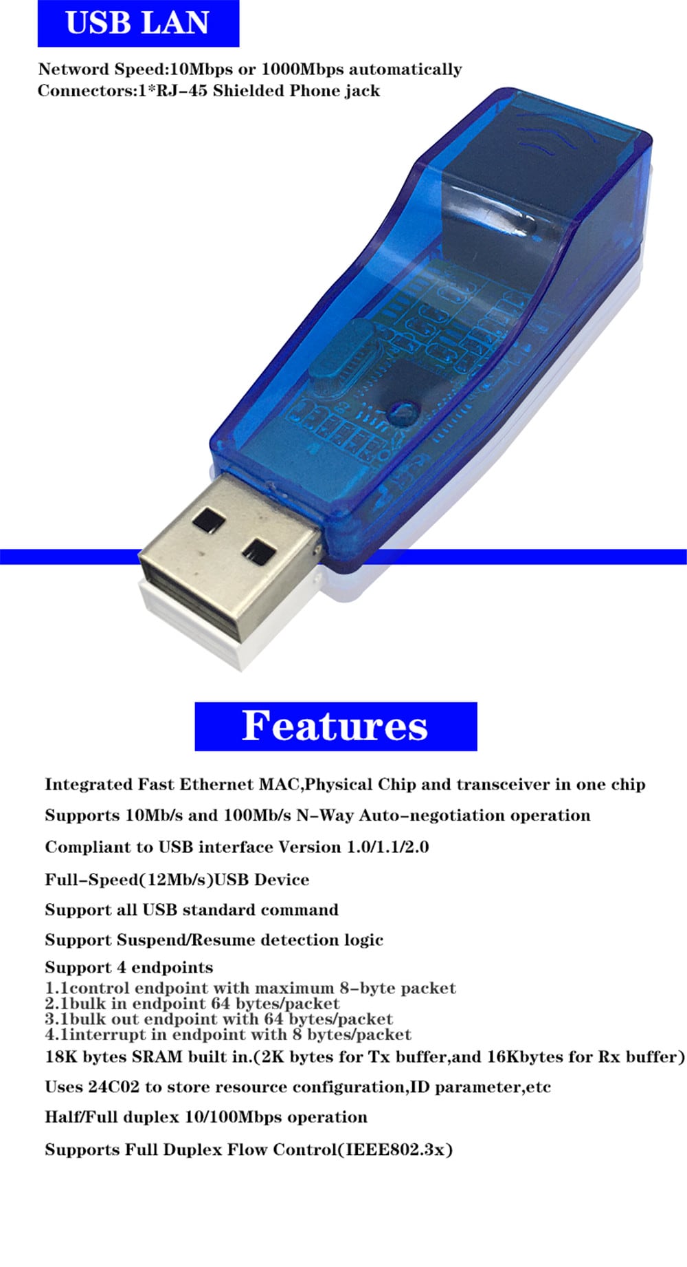 USB 2.0 LAN to RJ-45 Ethernet Network Card Adapter- Ocean Blue