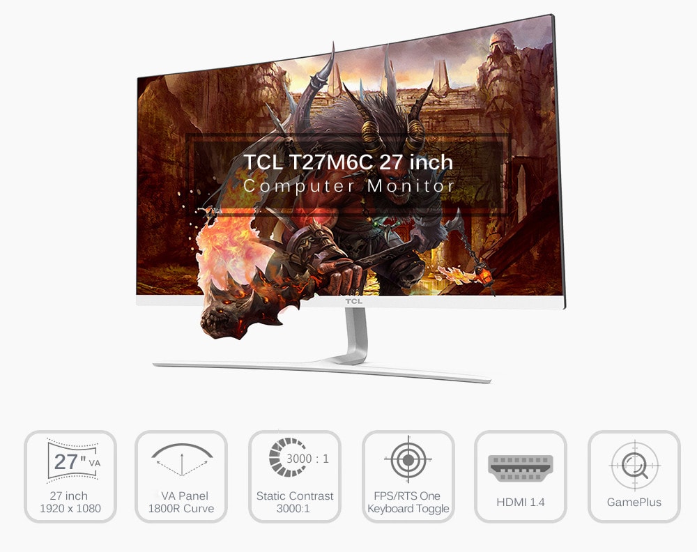 TCL T27M6C 27 inch 1920 x 1080 60Hz 1800R Curved Screen Computer Monitor with HDMI / VGA- White
