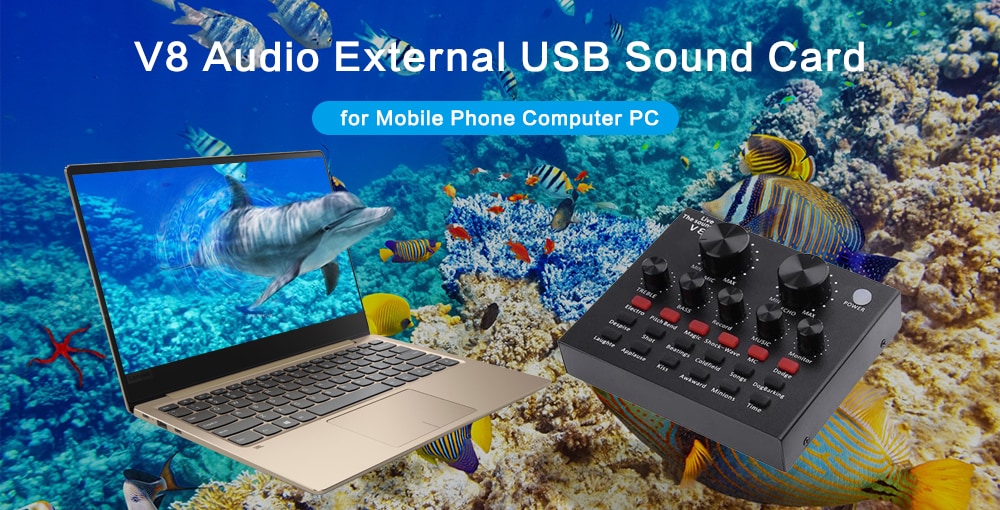 V8 Audio External USB Headset Microphone K Song Live Broadcast Sound Card- Black
