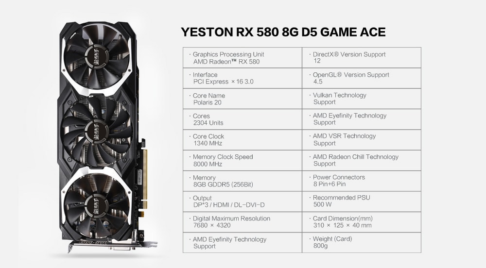 Yeston RX580 8G D5 PA Graphics Card with 7000MHz 256bit GDDR5- Black 4G