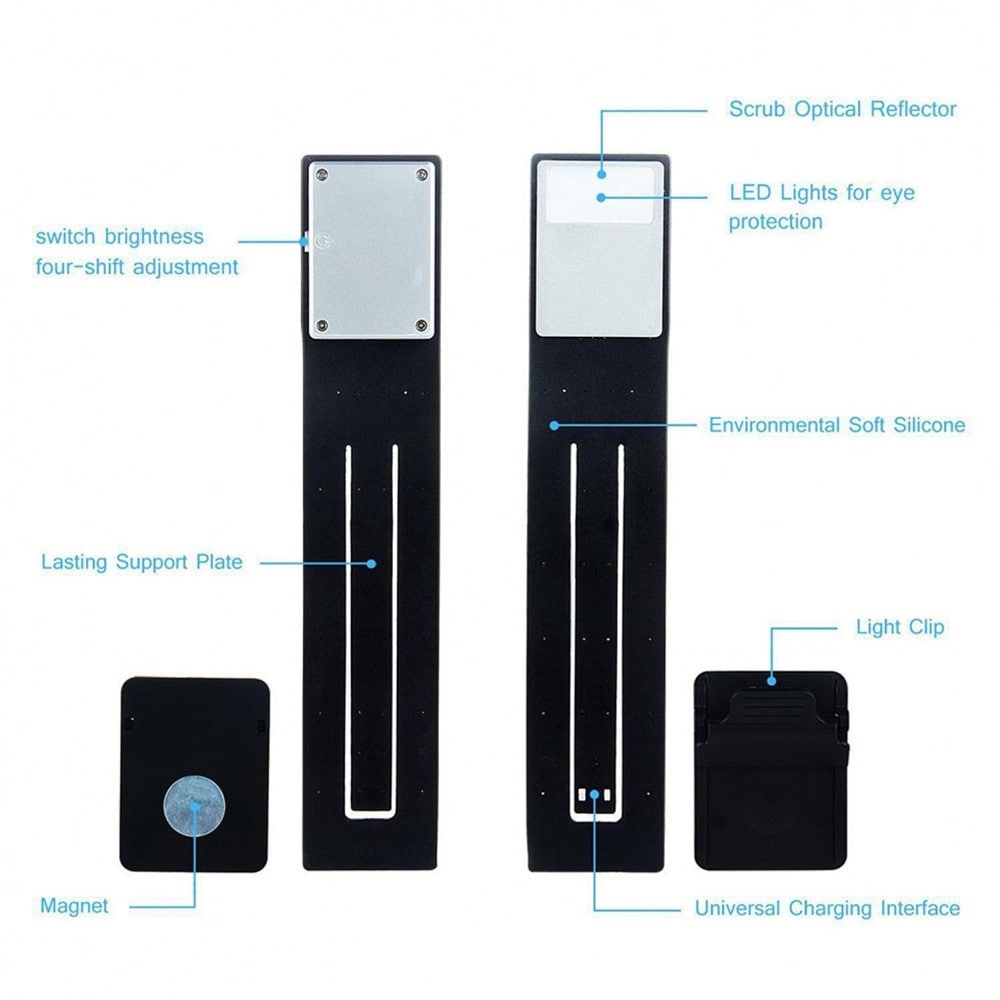 Portable LED Reading Book Light With Detachable Flexible Clip USB Rechargeable- Black