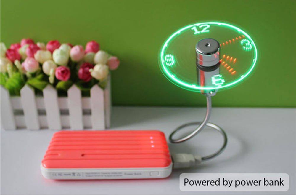 Mini USB Flexible Time Clock Fan with LED Light- Silver GREEN LIGHT