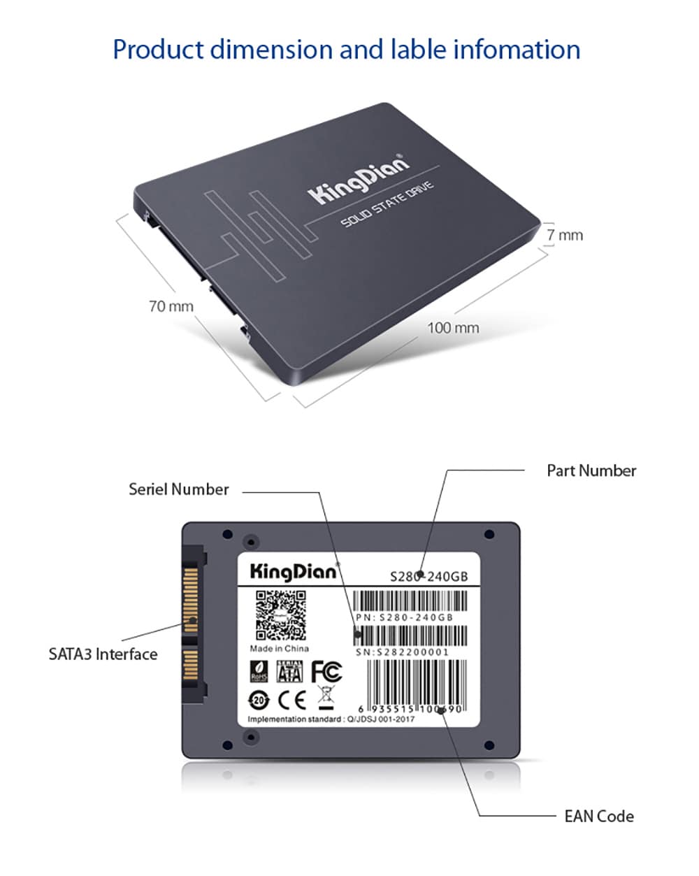 SSD SATA3 2.5 inch 240GB Hard Drive Disk HD HDD factory directly KingDian Brand- Black