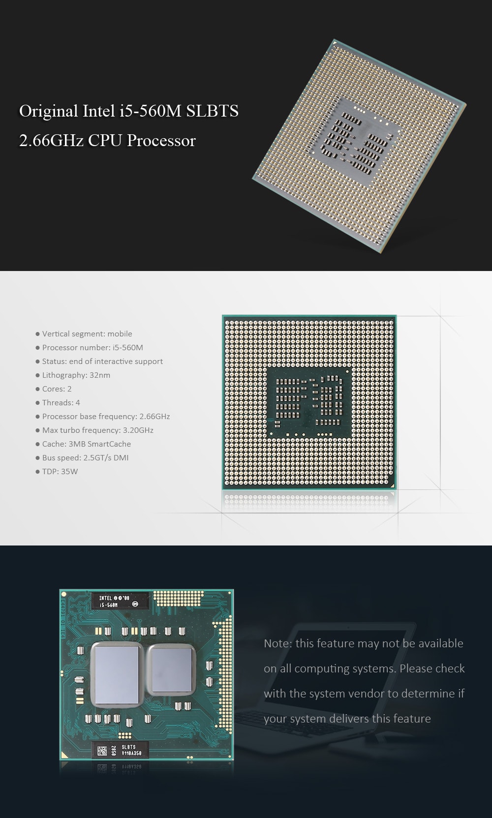 Original Intel i5-560M SLBTS 2.66GHz PGA988 CPU Processor- Silver