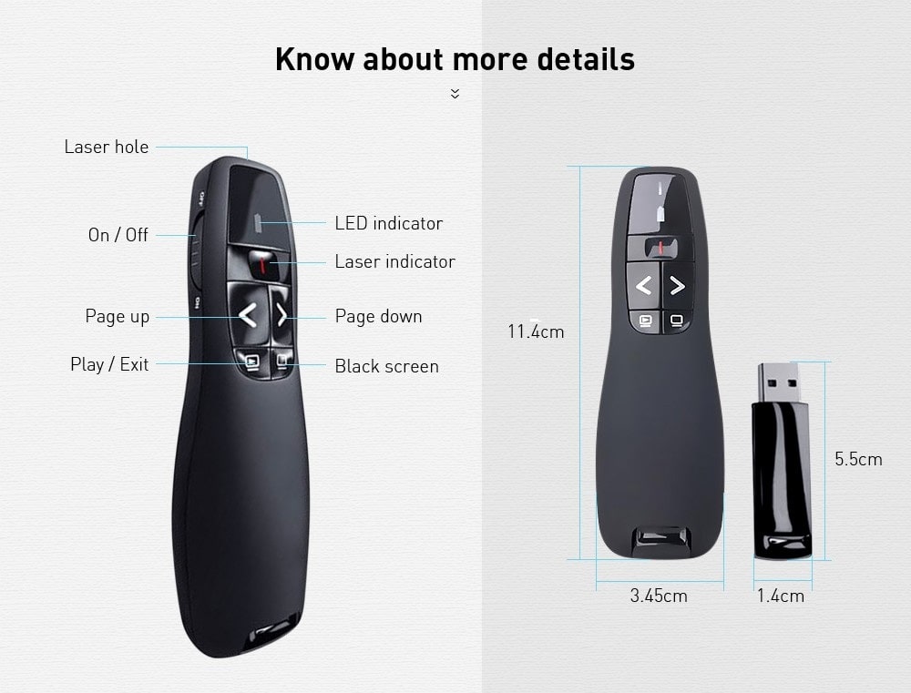 Laser Pointer Wireless Presenter Pen with USB Receiver for Multimedia Presentation- Black