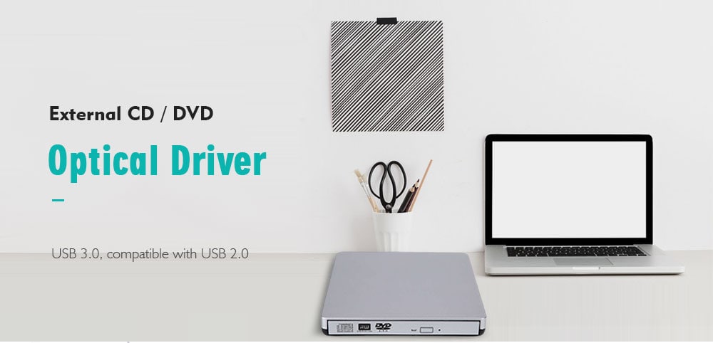 USB3.0 Slim External Optical Driver CD + RW DVD Writer Compatible with USB 2.0- Silver