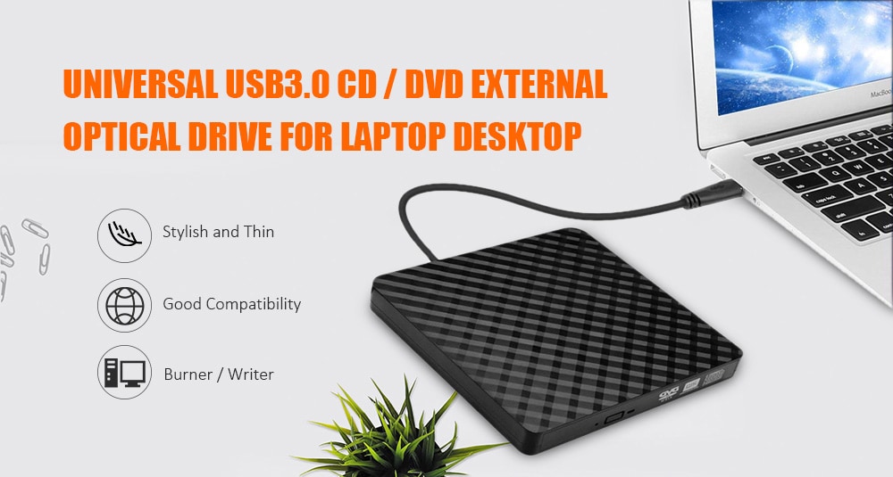 USB3.0 External CD / DVD Optical Drive for Laptop Desktop- Black