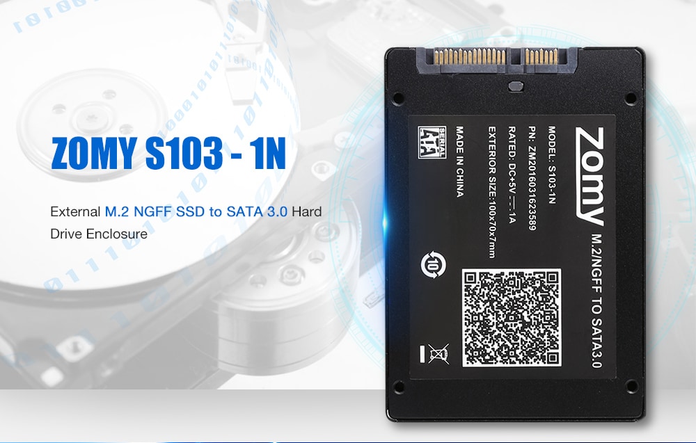 ZOMY S103 - 1N External M.2 NGFF SSD to SATA 3.0 Converter Adapter Enclosure Case- Black