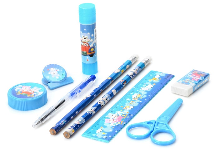Pencil Eraser Ruler Ball Point Pen Stationery Set- Blue