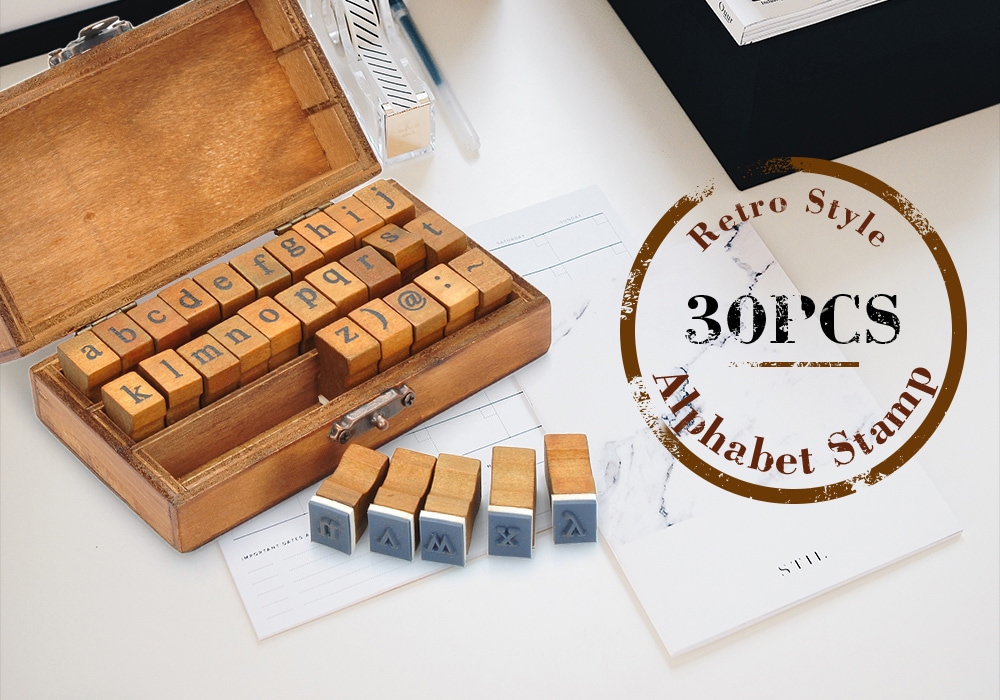Retro Style Alphabet Number Pattern Wooden Stamp Set- Deep Brown