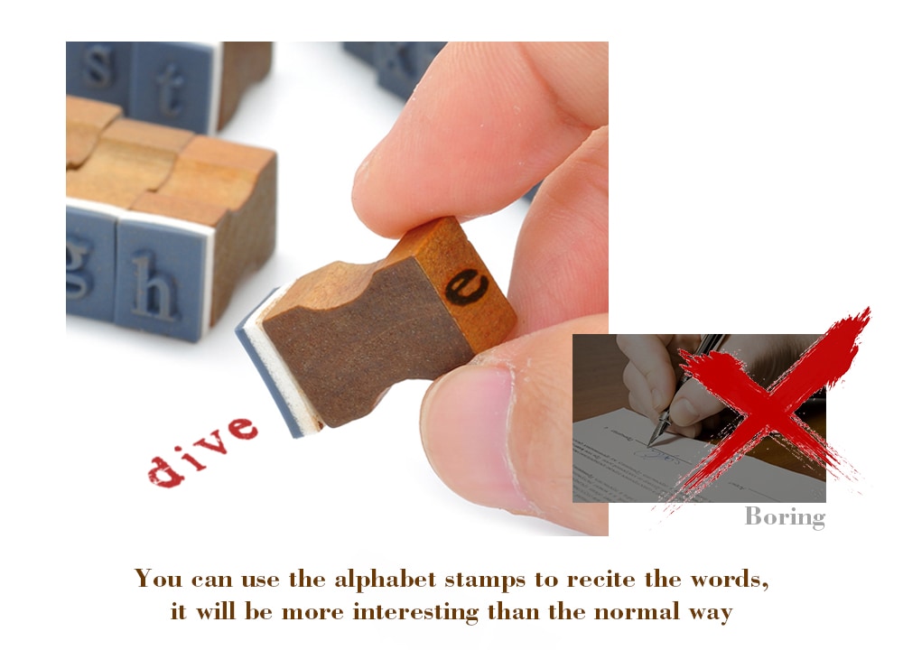 Retro Style Alphabet Number Pattern Wooden Stamp Set- Deep Brown