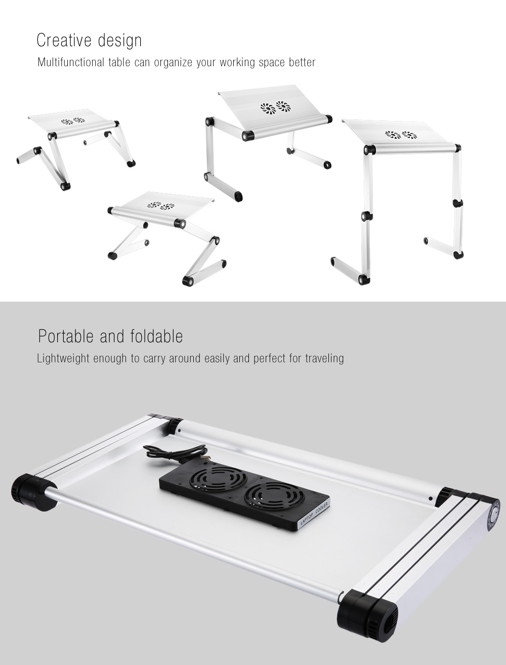 OMAX A8 Folding Computer Table Bed Tray Desk Adjustable Height for Laptop with Cooling Fans- White Golden