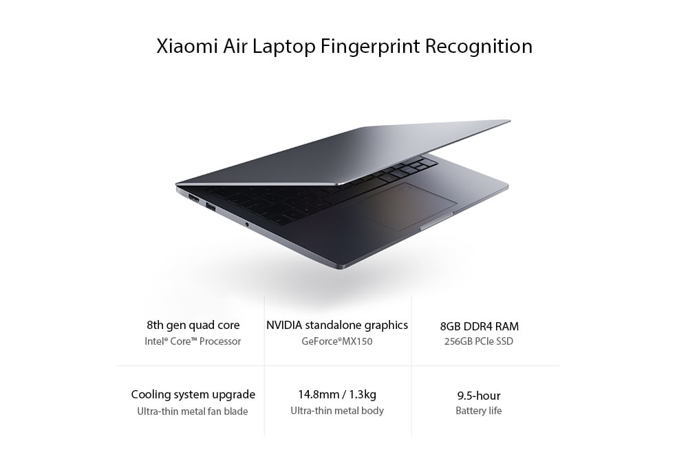 Xiaomi Air Laptop 13.3 inch Windows 10 Home Chinese Version Intel Core i5-8250U Quad Core 1.6GHz 8GB RAM 256GB SSD Fingerprint Recognition HDMI Type-C Camera Dual WiFi Bluetooth 4.1- Dark Gray