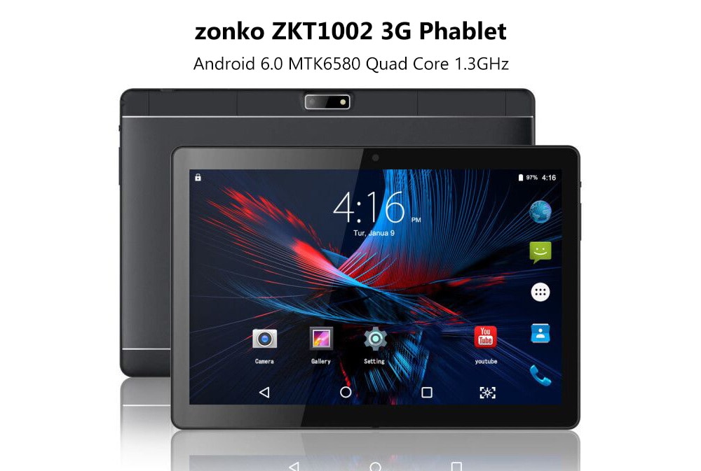 Zonko ZKT1002 3G Phablet 10.1 inch Android 6.0 16GB MTK6580 Quad Core 1.3GHz 2GB RAM 16GB ROM 2.0MP Front Camera 5.0MP Rear Camera 4500mAh Built-in European Version- Black
