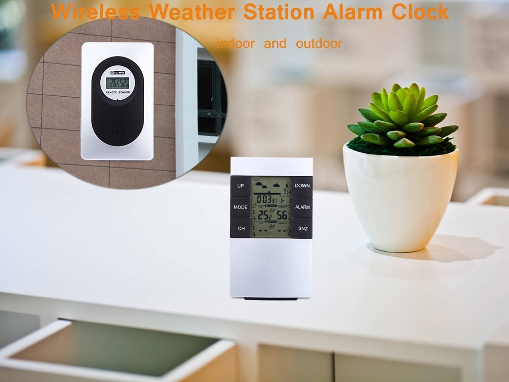 TS - H146 433MHz Wireless Weather Station Alarm Clock Indoor Outdoor Thermometer Hygrometer- Silver White