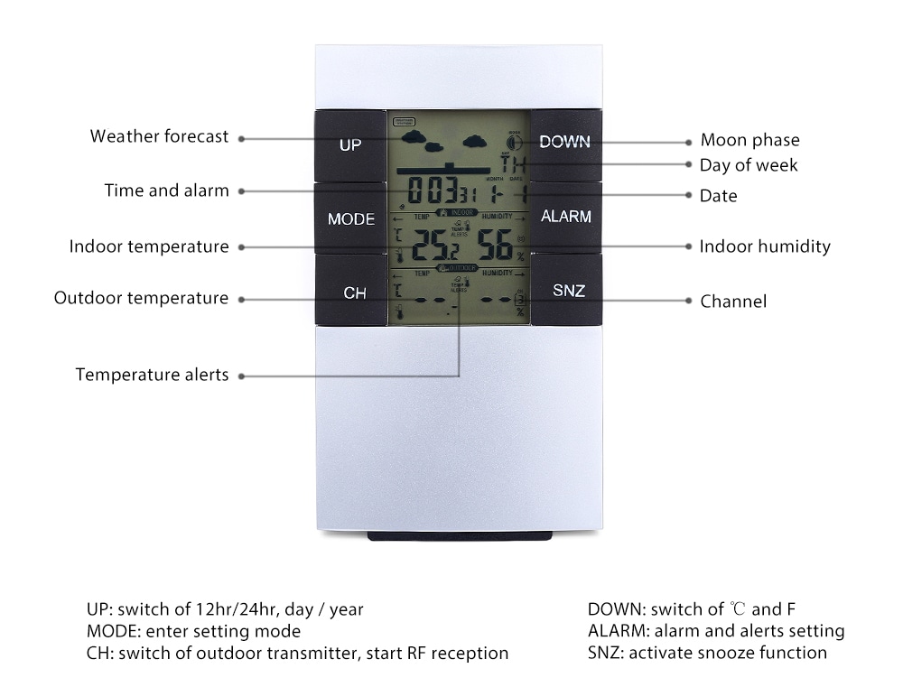 TS - H146 433MHz Wireless Weather Station Alarm Clock Indoor Outdoor Thermometer Hygrometer- Silver White