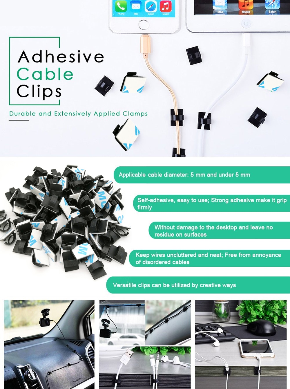ZDM 50/100 Pieces of Adhesive Cable Clips Wire for Car Office and Home- Black 50 pcs