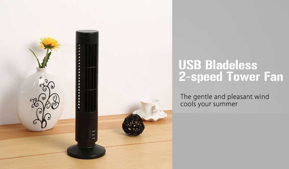 Low Noise 2-speed USB Bladeless Electric Tower Fan Portable Desktop Cooler- White