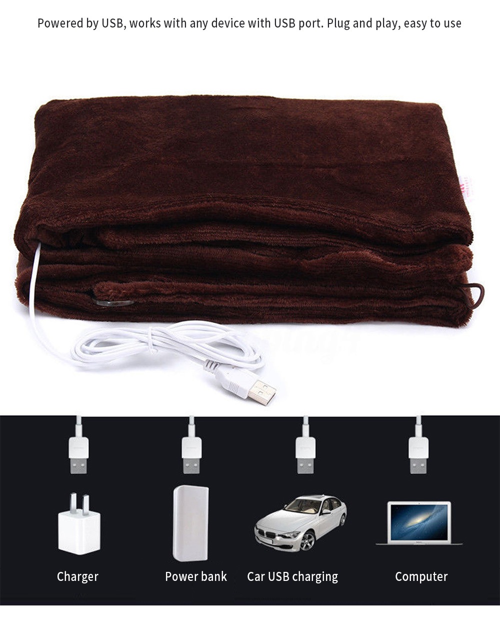 USB Soft Heated Shawl Winter Electric Warming Neck Shoulder Heating Blanket Pad- Coffee
