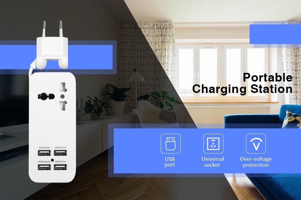 Portable Charging Station EU Plug with Universal Outlet and 4 USB Ports- White
