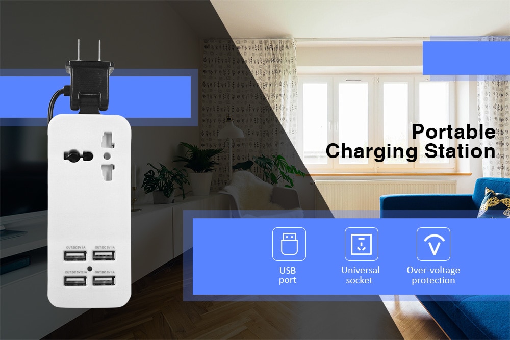 Portable Charging Station US Plug with Universal Outlet and 4 USB Ports- Multi
