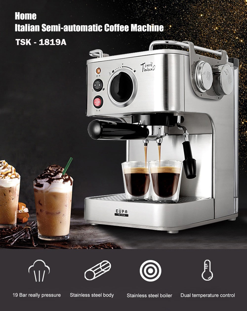 TSK - 1819A Home Grinding Italian Semi-automatic Coffee Machine - Silver