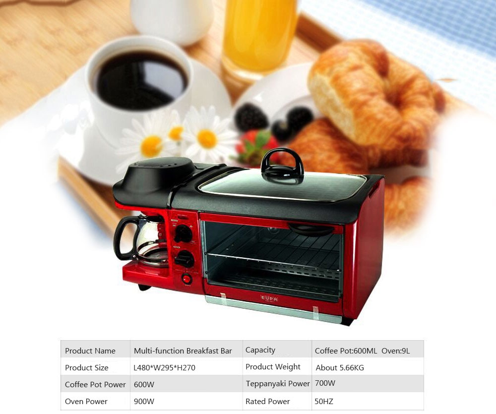 Three-in-one Breakfast Machine Mufti-function for Home Coffee Oven Teppanyaki - Ruby Red