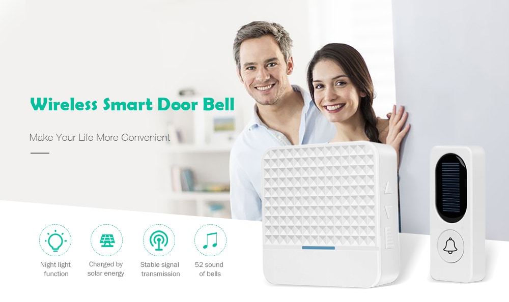 Wireless Smart Door Bell 300M Remote Waterproof Solar Power Doorbell for Home Security- White