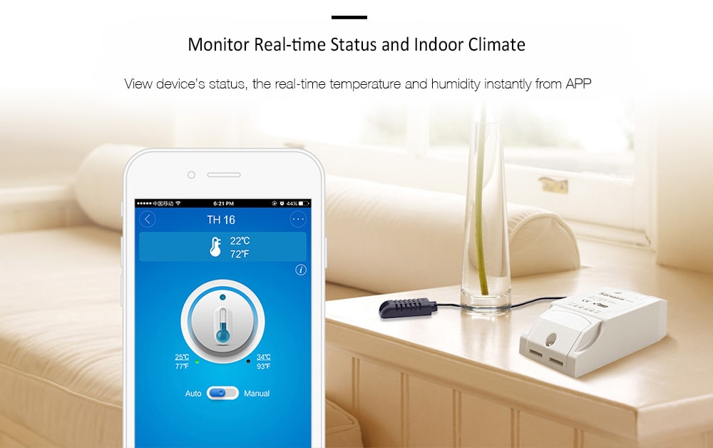SONOFF TH16 Temperature Humidity Monitoring WiFi Smart Switch for Smart Home- White