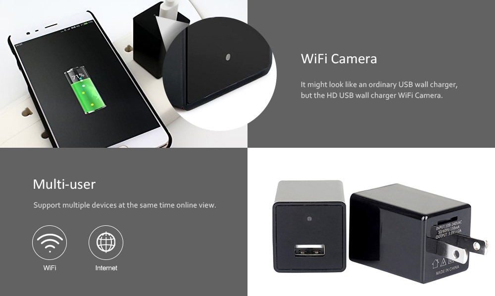 Wireless Micro Monitor WiFi HD Mobile Phone Charger- Black US Plug (2-pin)