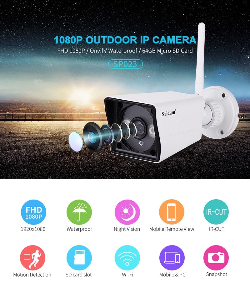 Sricam IP Camera  1080P H.264 Wifi Megapixel Wireless CCTV Security IP Camera TF Slot AU White- White AU Plug