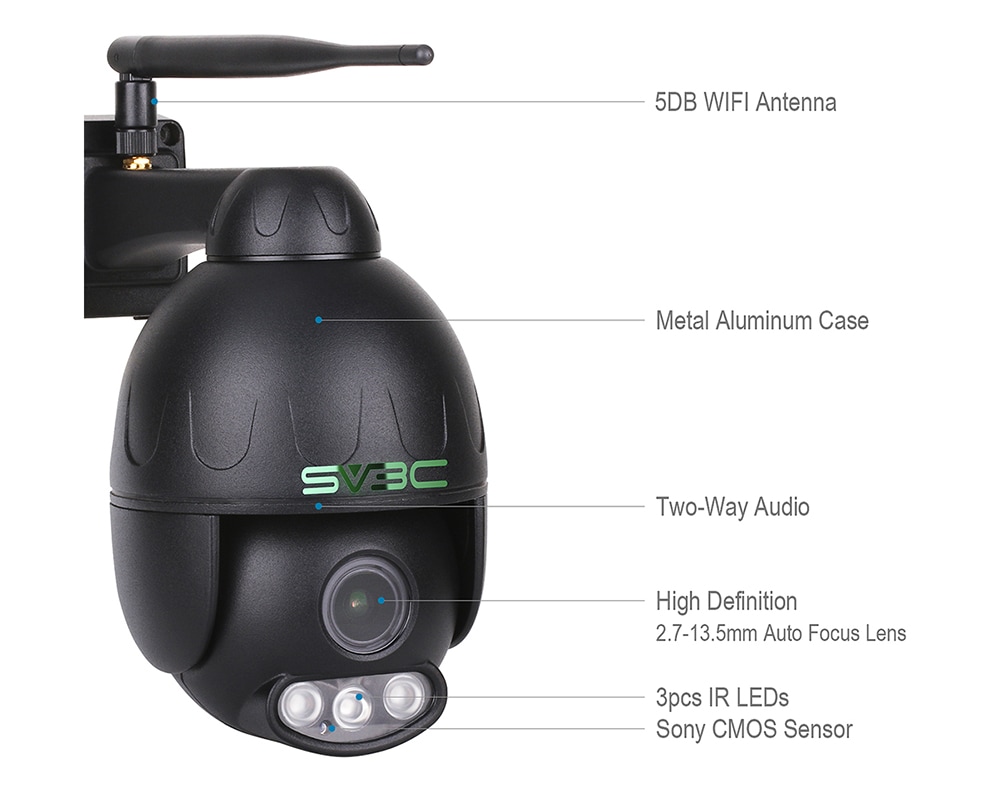SV3C SV - SD5BW - 1080PS - HX 1080P Outdoor PTZ WiFi Pan Tilt Zoom 5X Optical Wireless Dome IP Camera- Black AU Plug