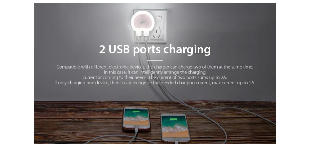 Utorch B07 Dual USB Ports Adapter Charger with Sensitive Light-sensor Night Light- White US Plug (2-pin)