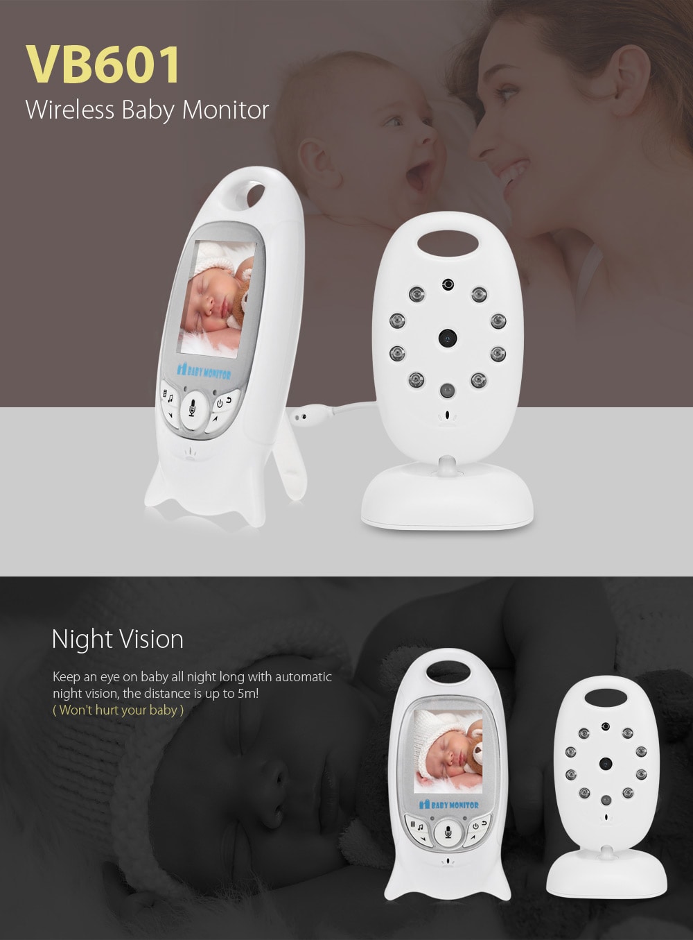 VB601 2.4G Wireless Baby Video Monitor with Night Vision Two-way Talk LCD Display Temperature Monitoring- White UK Plug