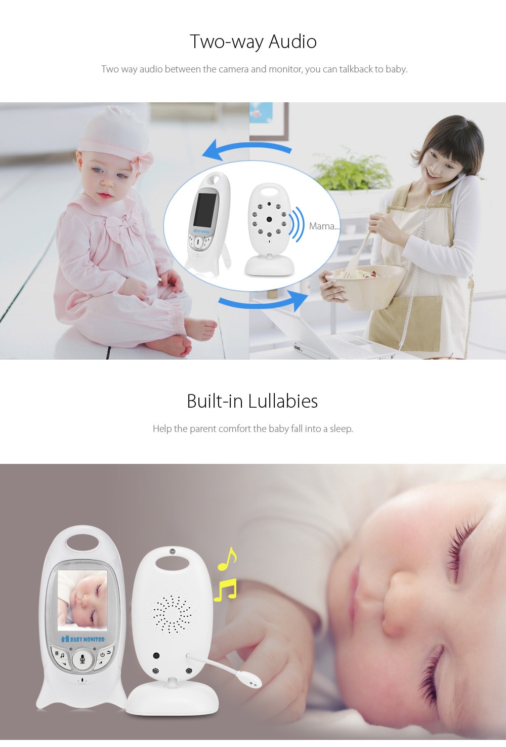 VB601 2.4G Wireless Baby Video Monitor with Night Vision Two-way Talk LCD Display Temperature Monitoring- White UK Plug
