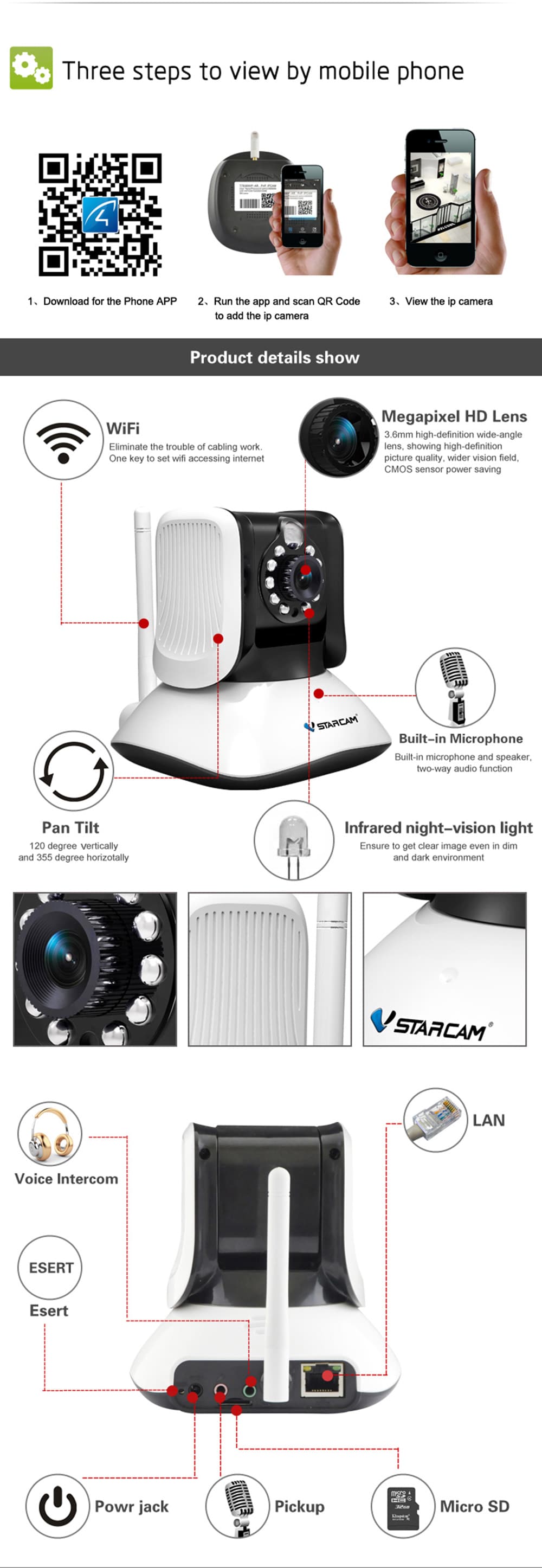 Vstarcam T7821WIP 1.0MP IP Network Camera for Home Safety- White US Plug
