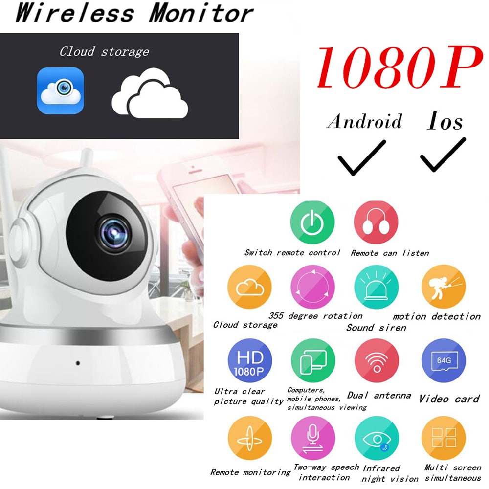 WiFi Remote Control Multifunction Infrared Night Vision Monitor IP Camera 1080P US Plug- Silver and White 1Pc