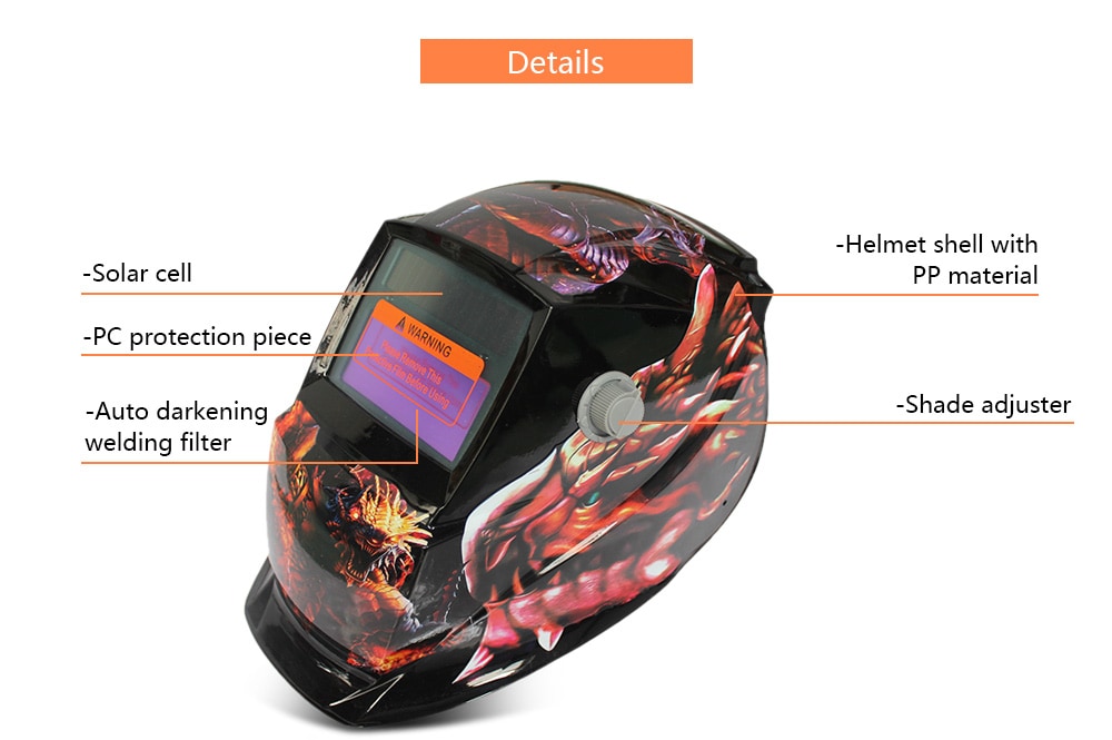 Solar Energy Automatic Changeable Light Electric Welding Protective Helmet with Animal Pattern- Golden 107 discolor dragon