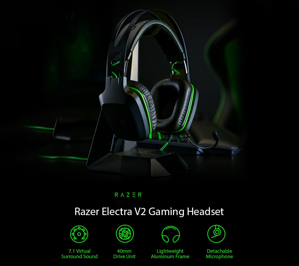 Razer Electra V2 Surround Sound Headphone Gaming Headset with In-line Control and Auto Adjusting Headband Detachable Boom Mic - Black